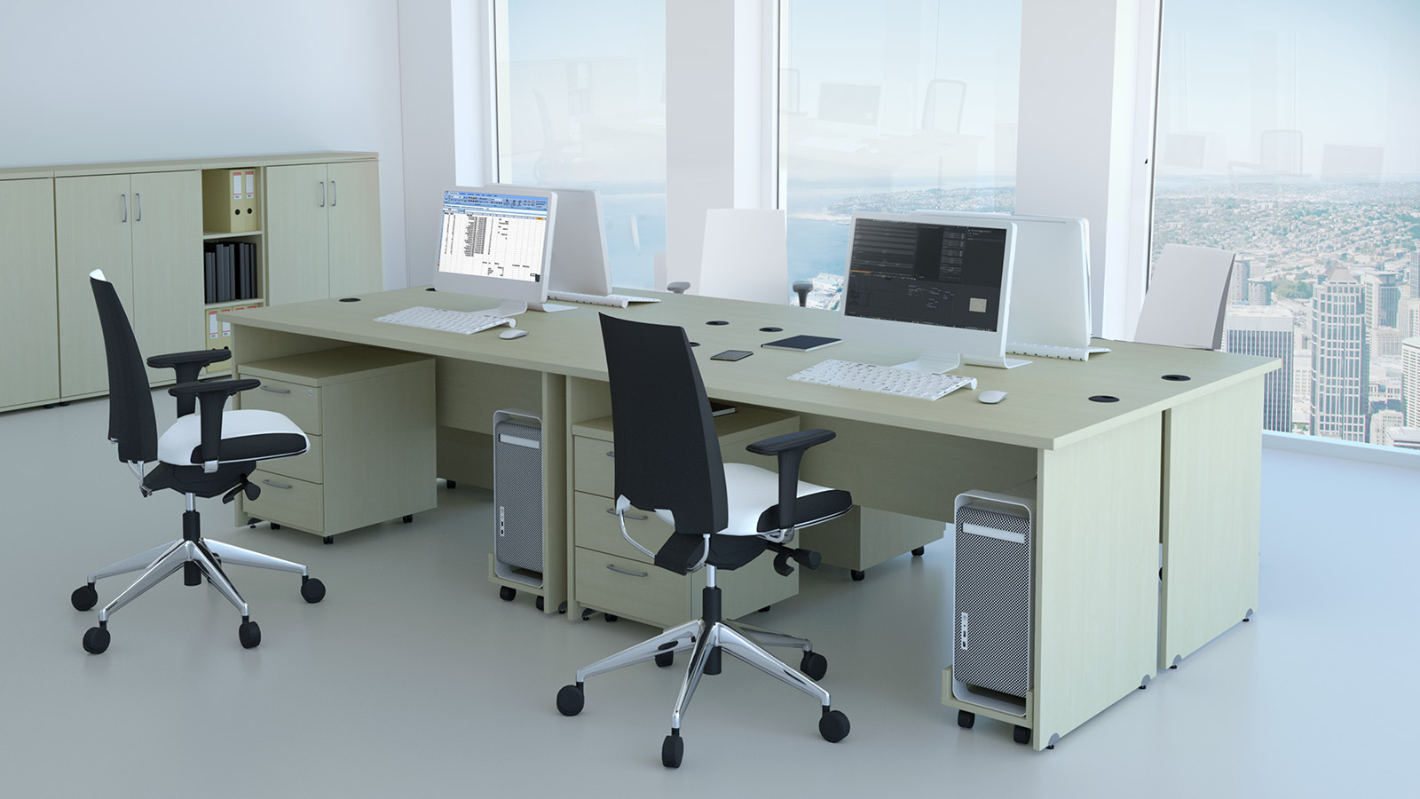 Biuro wyposażone w klonowe meble pracownicze - płytowe biurka z pomocnikami, w otoczeniu niskich szaf i krzeseł obrotowych.